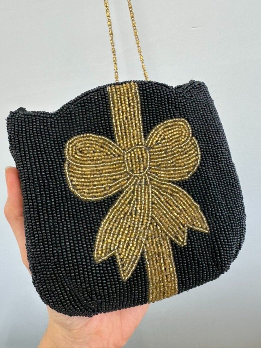 Vintage 80's Black & Gold Bow Beaded Mini Crossbody Purse Pouch Evening Bag